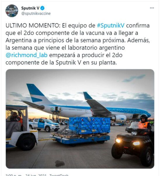 Rusia confirmó que enviará segundas dosis de Sputnik V la semana que viene y la Argentina comenzará la fabricación del segundo componente