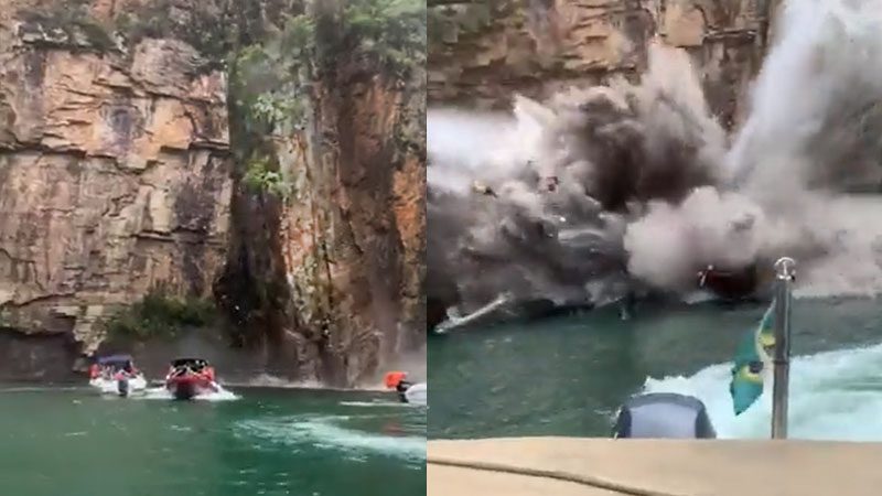 El impactante momento en el que parte de un acantilado se desprende y aplasta a tres lanchas de turistas en Brasil